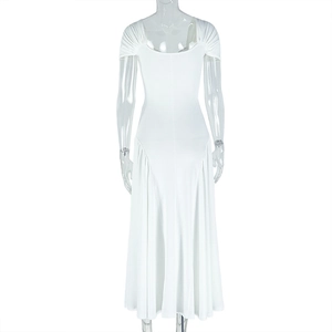 Detail of elegant white V-neck pleated A-line dress with short sleeves and slim fit
