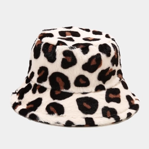 Detailed close-up showing soft leopard print faux fur texture of the winter bucket hat