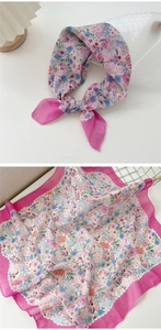 Pink floral cotton linen small square scarf shown folded and fully unfolded for detail