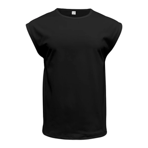Detailed view of black round neck sleeveless sports vest with M size tag shown