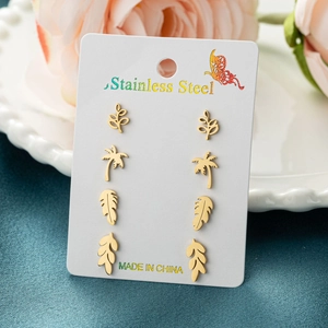 Set of 4 pairs of gold stainless steel stud earrings with palm and leaf motifs