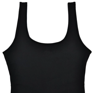 Close-up of black U-neck bodysuit featuring fine ribbed knit texture and wide straps