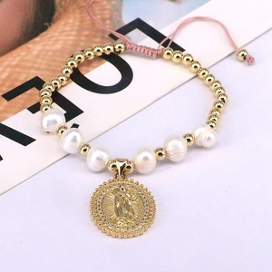 Virgin Mary pearl bracelet with gold beads, micro-pave zircons, and adjustable pink cord