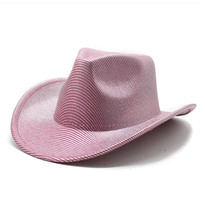 Side view of pink and silver striped western cowboy hat with a metallic glitter finish