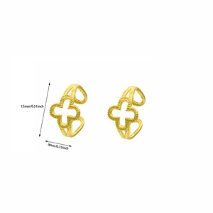 Macro view of gold clover earrings showing precise 13mm by 9mm size dimensions