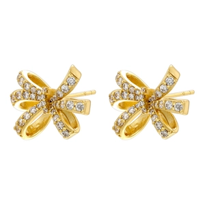 Sparkling gold bow earrings featuring zircon pavé and dainty pearls on a white background
