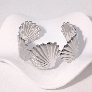 Minimalist adjustable stainless steel scallop shell open cuff bracelet in silver finish