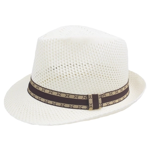 Classic white hollow knitted fedora with patterned band for summer sun protection