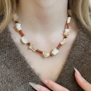 Bohemian irregular mother-of-pearl bead necklace with shell and wooden accents for women