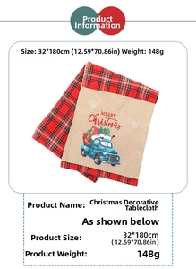 Detail of Christmas table runner featuring blue truck design and red black buffalo plaid