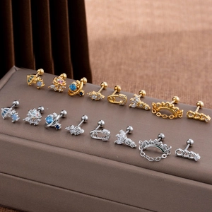 Surgical steel cartilage stud earrings set with zircon accents and screw ball backs