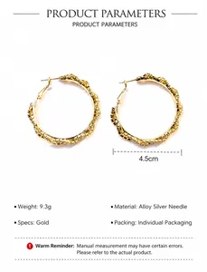 Detail view of 4.5cm gold hoop earrings with weight specs and micro-pave cubic zirconia