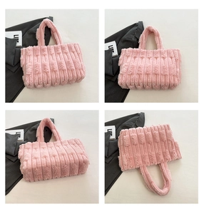 Detailed views of a pink striped plush tote bag with soft corduroy texture
