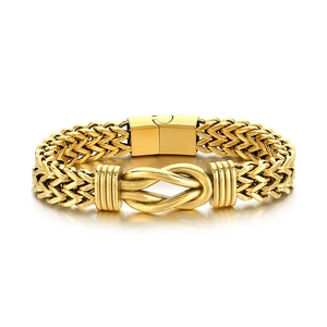 Men's hip-hop gold titanium steel braided rope chain bracelet with a central knot design