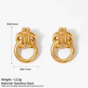 Minimalist double-hoop knot earrings in polished gold stainless steel for women