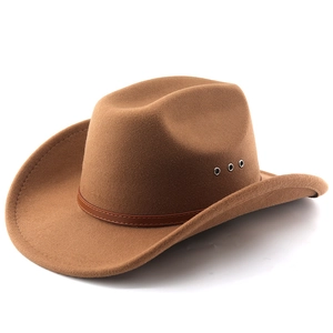 Detail shot of khaki wool felt western hat showing silver air vents and brown leather band