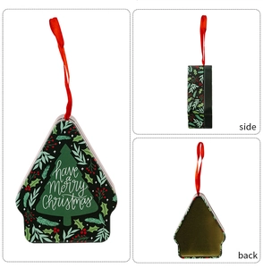 Three-sided view showing front, side and back of a tree-shaped Christmas tin box