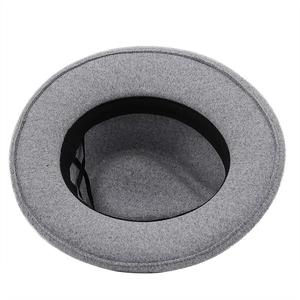 Grey wool felt fedora hat with interior adjustable drawstring and black sweatband for women