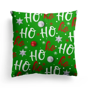 Green Christmas pillow cover with HO HO HO patterns and festive star decorations