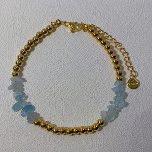 18k gold plated stainless steel bead bracelet with light blue natural stones and lobster clasp