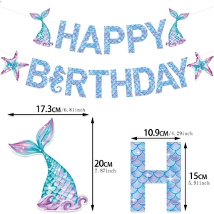 Detailed size chart for Mermaid Happy Birthday banner with glitter scale texture patterns