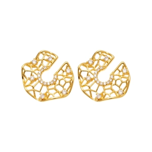 Elegant gold hollow mesh earrings with sparkling zircon insets on white background
