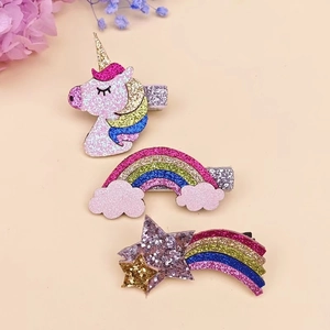Set di fermagli per capelli glitterati con unicorno, arcobaleno e stelle per bambine
