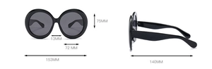 Detailed size chart for oversized round sunglasses with 153mm frame width specifications