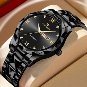 Men's business watch with black stainless steel band and gold Roman numeral dial