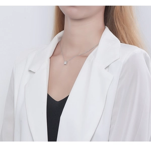 Close-up of elegant S925 silver necklace with round zircon pendant on model neck
