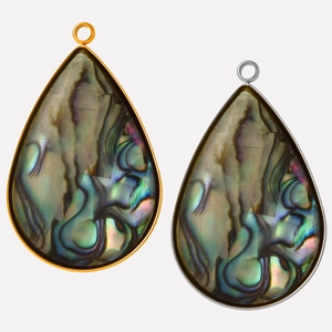 Detail of pear-shaped abalone shell pendants with gold and silver stainless steel edges