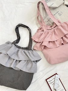 Cute ruffled large capacity tote bag in grey and pink canvas for women students