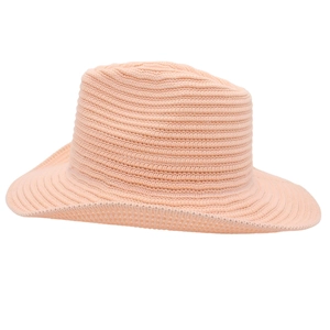 Detail of the light orange knitted sun hat showing its fine texture and wavy brim