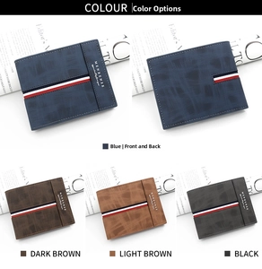 Mens short tri-fold wallet with frosted texture and classic stripe detail in four colors