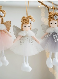 Detailed trio of Christmas angel dolls in pink white and grey with glittery mesh skirts