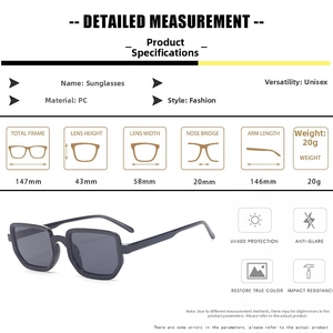 Detailed size specifications for square sunglasses including frame width and UV400 protection