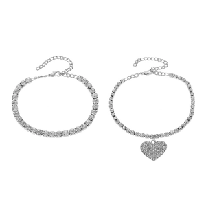 Silver double-layered butterfly and heart anklet set with sparkly rhinestone tennis chain