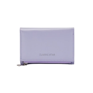 Classic purple leather compact folding wallet with metal zipper and silver embossing
