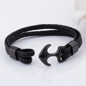 Men's double-layered black woven leather bracelet with stainless steel anchor clasp