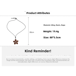Detail specifications of resin floral pendant necklace with dimensions 80x5.5cm and 19.4g weight