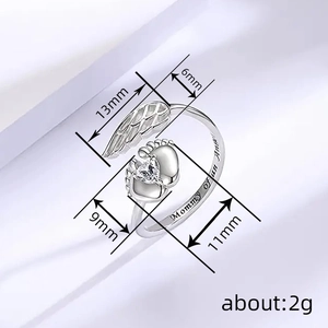 Silver adjustable ring with angel wing, baby footprint heart zircon, Mommy of an Angel