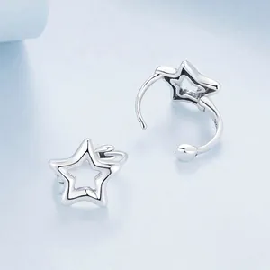 Elegant S925 sterling silver star hoop earrings featuring a minimalist hollow pentagram design