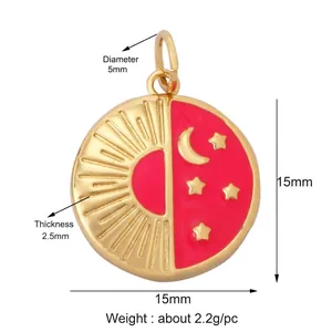 Celestial sun and moon gold pendant with red enamel, diameter 15mm for jewelry making