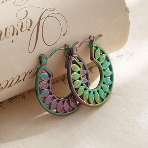 Rainbow stainless steel leaf hoop earrings with hollow design and iridescent metallic finish