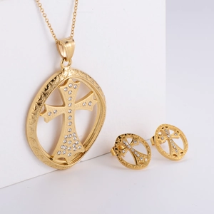 Gold titanium steel cross jewelry set with necklace and stud earrings with zircons