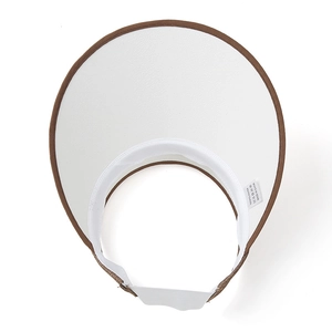 Detail of white sun visor hat showing 100% polyester fabric texture and brown trim