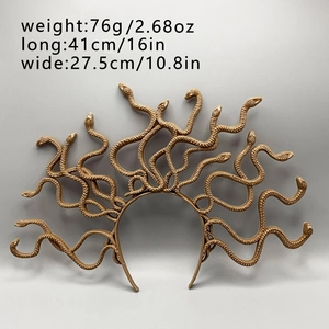 Detail view of golden Medusa snake headband with dimensions 41cm x 27.5cm and 76g weight