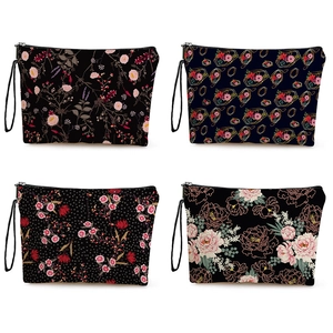 Trousse De Maquillage Femmes Imprimé Floral Lin Fin Portable Fermeture Éclair Pochette De Toilette Voyage Organisateur