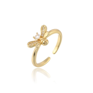 Minimalist golden honeybee open ring with sparkling zircons and adjustable band design