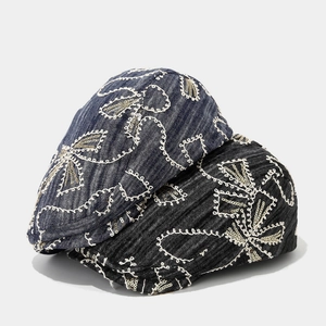 Floral sequin denim ivy cap set in black and navy blue with vintage embroidery